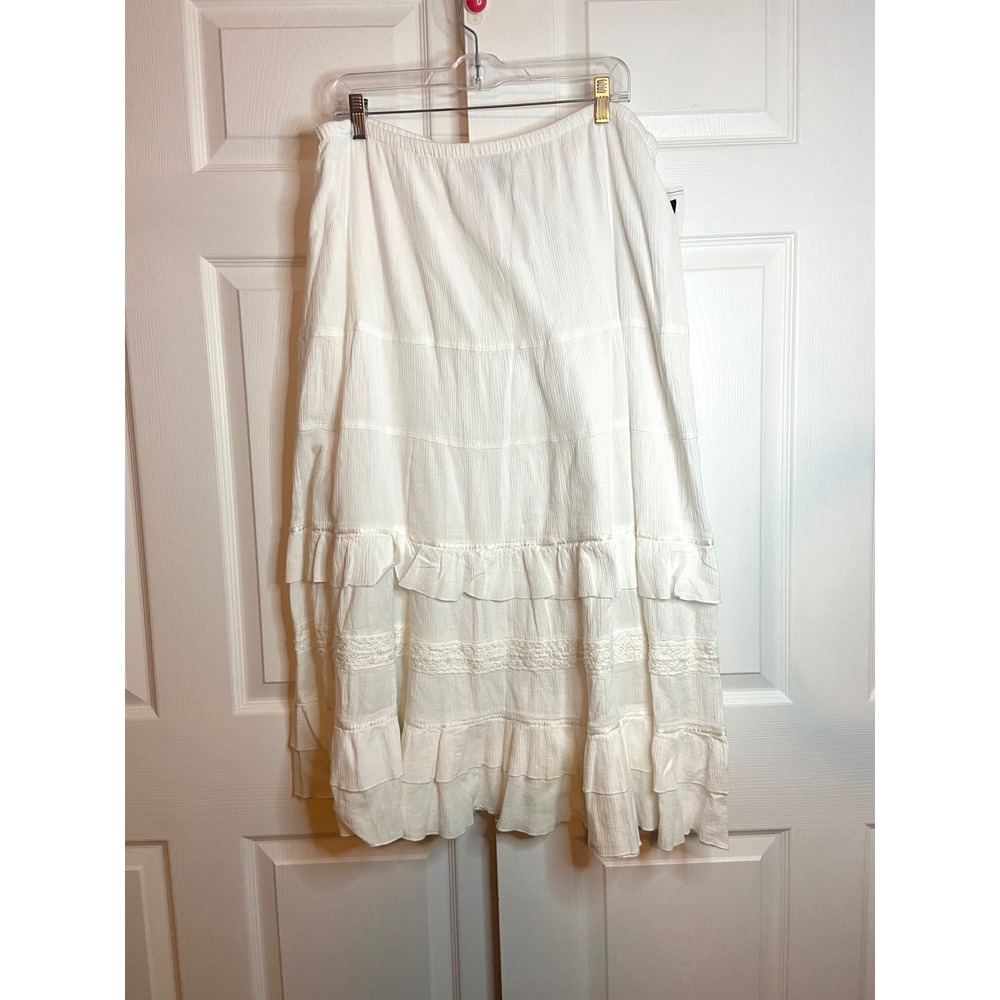 Notations White Cotton Gauze Tiered Maxi Skirt 2X Boho Lace Sequin Ruffle